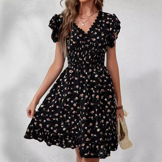 A lace V-neck elegant fashion flower print dress