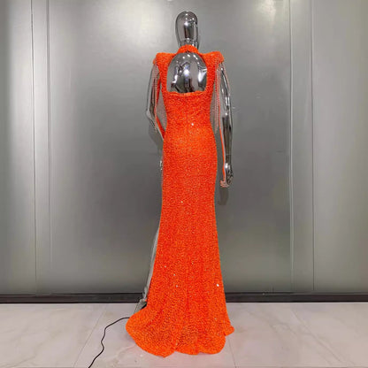 A smart fringe sexy hollow high split orange sequin dress elegant red carpet annual dinner dress