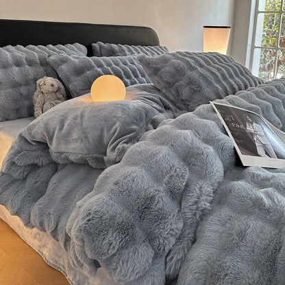 Class A 400 high gram weight light luxury sense of luxury winter thickened rabbit rabbit down four-piece set milk velvet warm quilt cover solid color 4.0kg - Mixbatch