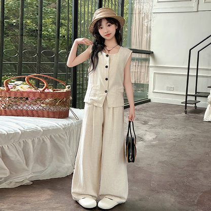 A summer new middle-aged and older children's suit vest wide-leg pants two-piece temperament casual and fashionable suit