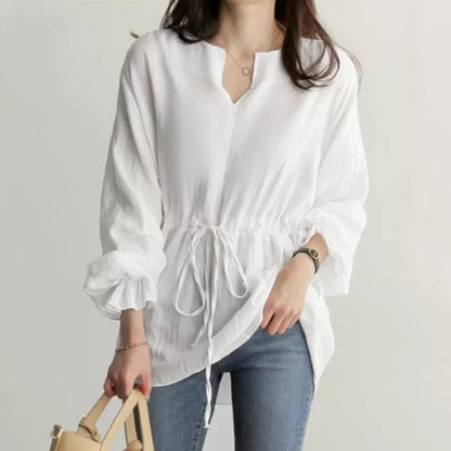 A Women's Long Sleeve V-Neck Shirt Drawstring Waist Top Solid Color Top - Mixbatch