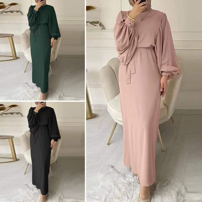 Muslim Women's Autumn and Winter South East Asia Fashion Lantern Sleeve Waist Hip Wrap Crew Neck Long Sleeve Women's Dress - Mixbatch