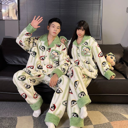 A autumn and winter coral fleece couple pajamas fleece thickened warm cartoon cardigan lapel can be worn outside loungewear set