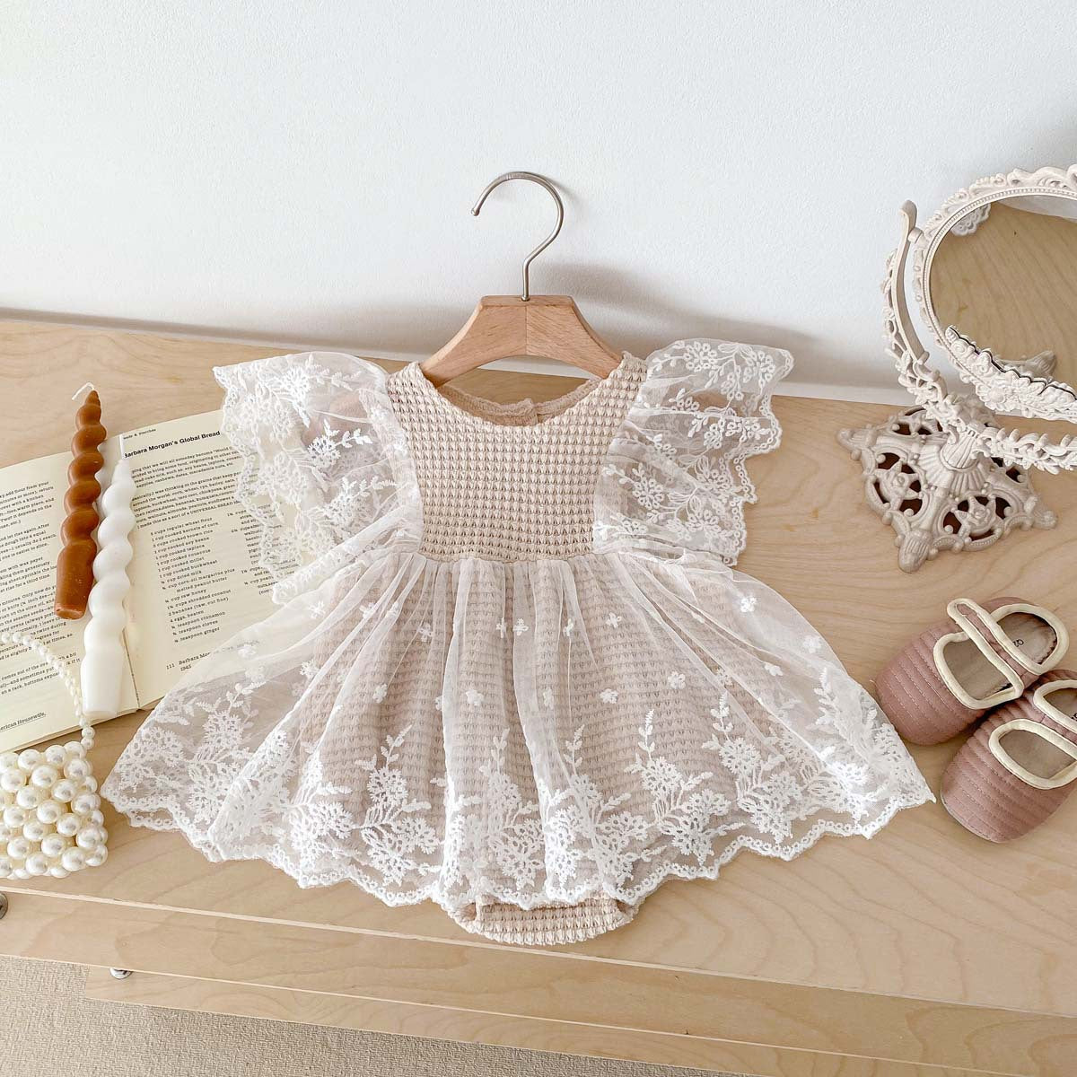 A Baby Bodysuit Korean Edition Girl Baby Lace Summer Flying Sleeves Wrapped Fart Coat Newborn Centenary Princess Harp Dress - Mixbatch