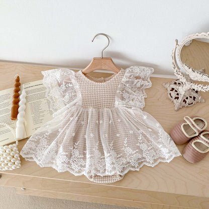 A Baby Bodysuit Korean Edition Girl Baby Lace Summer Flying Sleeves Wrapped Fart Coat Newborn Centenary Princess Harp Dress - Mixbatch