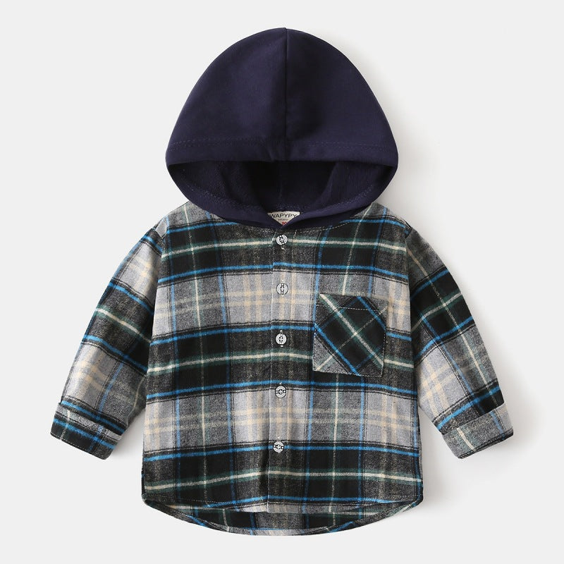 A children's hooded checked shirt