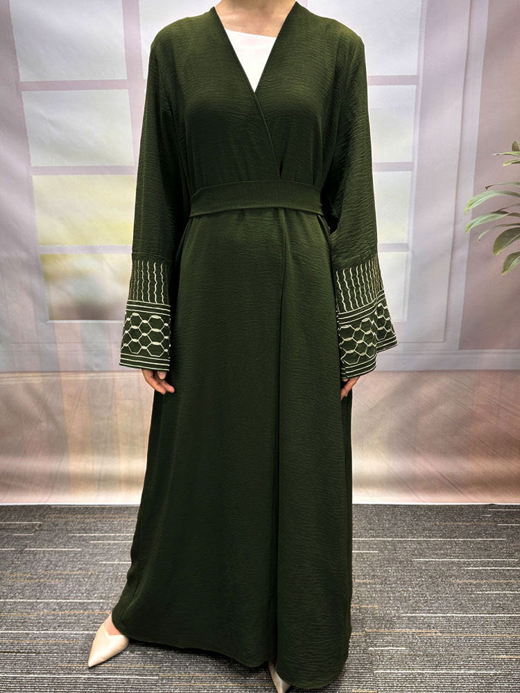 Middle Eastern Muslim Clothing Fashion Elegant Pocket Cardigan Embroidered Lace-Up Dress Robe - Mixbatch