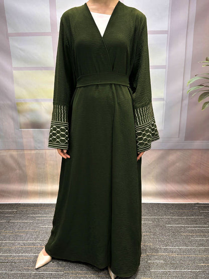 Middle Eastern Muslim Clothing Fashion Elegant Pocket Cardigan Embroidered Lace-Up Dress Robe - Mixbatch