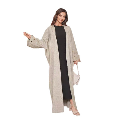 New heart-shaped embroidered Middle Eastern Muslim long dress fashionable and elegant cardigan imitation hemp two-color dress robe - Mixbatch