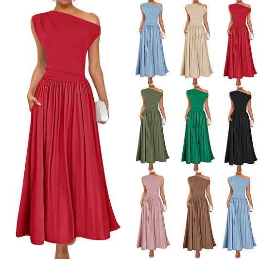 Cross-border Europe, America, Amazon Independent Station 2025 summer slanted shoulder sexy waist solid color long dress with pocket