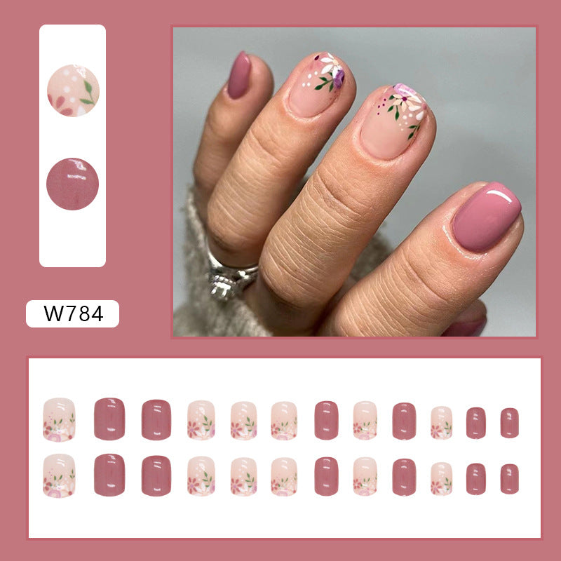 A girl pink short retro flower manicure, sweet girl fake nails, gentle spring and summer flowers wearing nail pads - Mixbatch