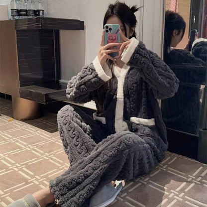A Autumn and winter pajamas women's high-value fleece thickened can be worn outside loose Korean version of student coral fleece suit loungewear - Mixbatch