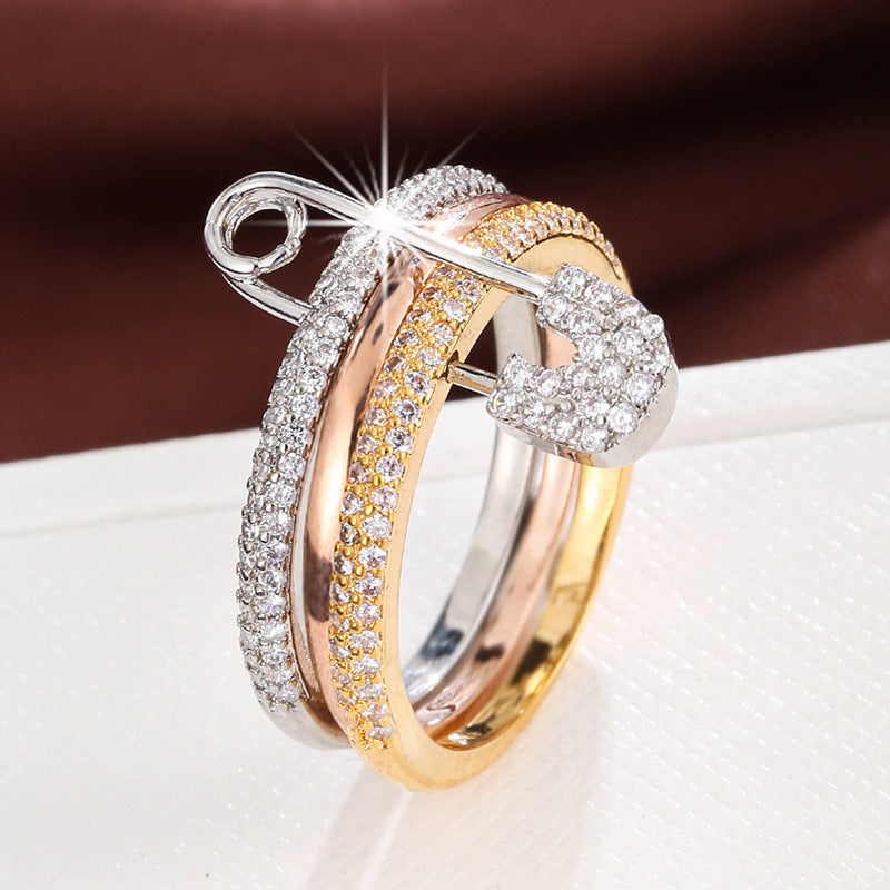 A European and American creative fashion three-color ring can be split ring women's personality micro-inlaid zircon pin ring - Mixbatch