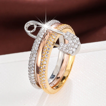 A European and American creative fashion three-color ring can be split ring women's personality micro-inlaid zircon pin ring - Mixbatch