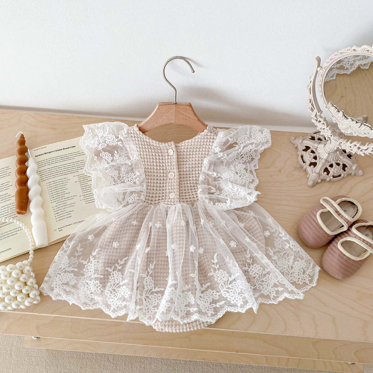 A Baby Bodysuit Korean Edition Girl Baby Lace Summer Flying Sleeves Wrapped Fart Coat Newborn Centenary Princess Harp Dress - Mixbatch