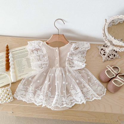 A Baby Bodysuit Korean Edition Girl Baby Lace Summer Flying Sleeves Wrapped Fart Coat Newborn Centenary Princess Harp Dress - Mixbatch