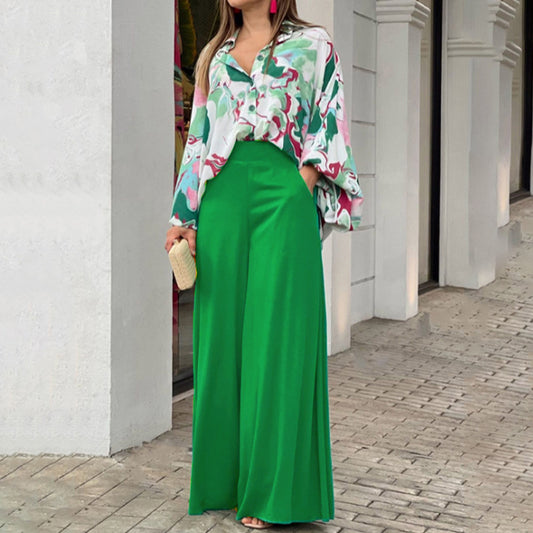 A printed shirt temperament elegant wide-leg pants fashion casual suit