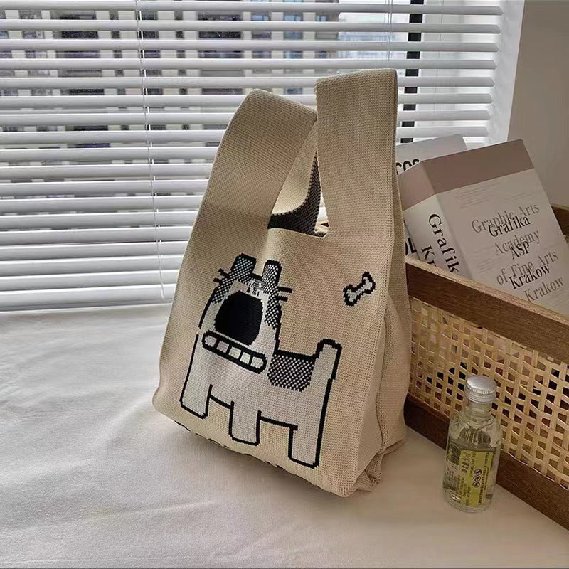 A Internet celebrity handbag women's knitted wool bucket bag Japanese and Korean version versatile hand carry casual tote bag box lunch bag y
