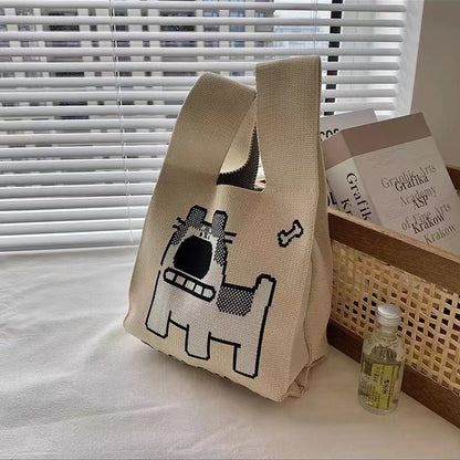 A Internet celebrity handbag women's knitted wool bucket bag Japanese and Korean version versatile hand carry casual tote bag box lunch bag y