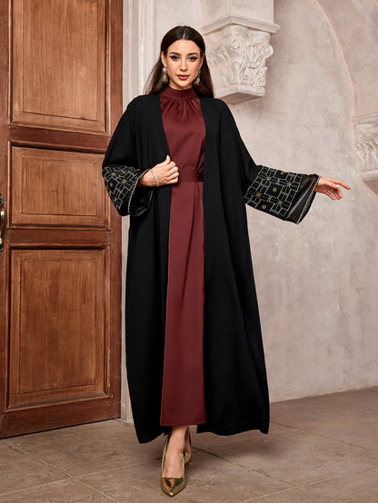 Elegant Middle Eastern Muslim Fashion Cardigan Dubai Arabian Robe Bat Sleeve Gold Thread Embroidery - Mixbatch