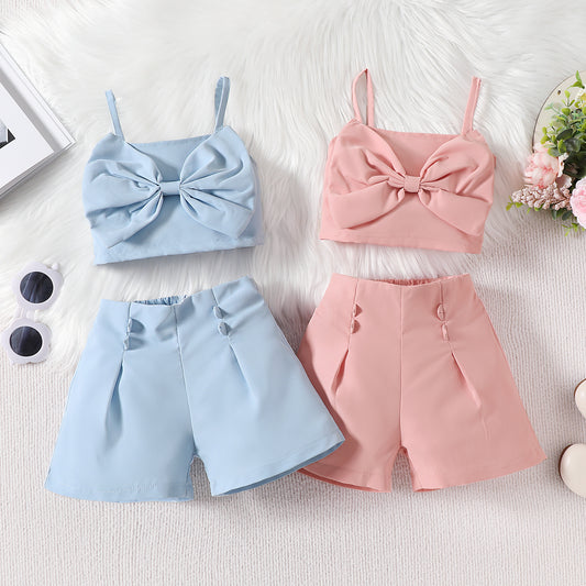 A 2024 summer new Japanese and Korean children&#039;s solid color bow suspenders tops and shorts girls&#039; suits. - Mixbatch
