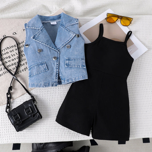 A Children's clothing Girls denim vest + suspender jumpsuit summer