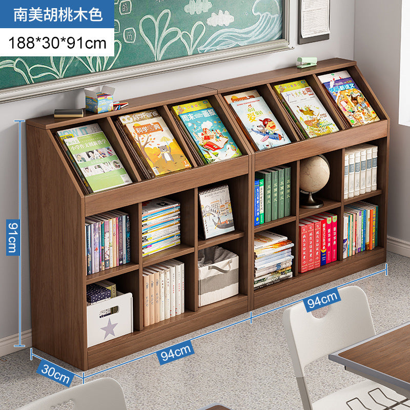 A school classroom bookshelf and storage cabinet