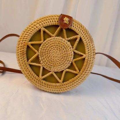 A rattan bag ins diagonal span mini bag Mori basket retro literary woven round bag vacation bucket bag leather buckle bag
