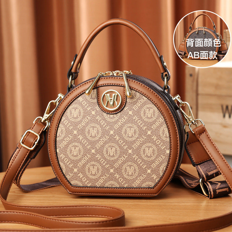 A new women's bag pu printed casual shoulder bag portable round cake bag women's bag - Mixbatch