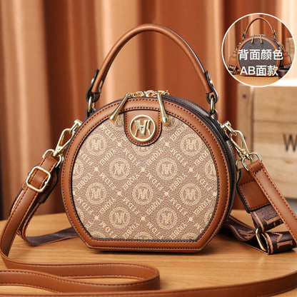 A new women's bag pu printed casual shoulder bag portable round cake bag women's bag - Mixbatch
