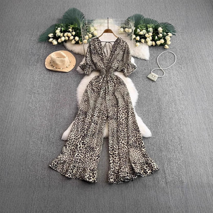 A European and American style sexy V-neck short-sleeved waist and thin leopard print jumpsuit temperament ruffle edge wide-leg pants
