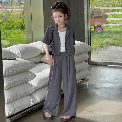 A summer new Korean version of medium and older children's thin cardigan short-sleeved suit high-waisted wide-leg pants