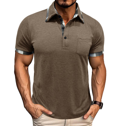 A European and American men's clothing summer lapel plaid short-sleeved POLO shirt top cross-border men's pocket fashion polo jersey Henry