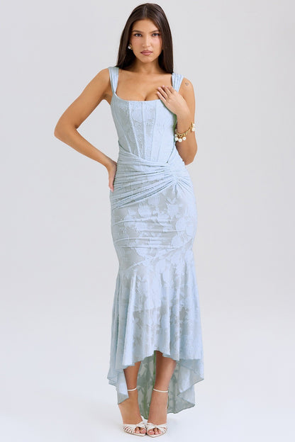 A Sleeveless solid color one-word shoulder sleeveless fishbone waist dress banquet evening dress