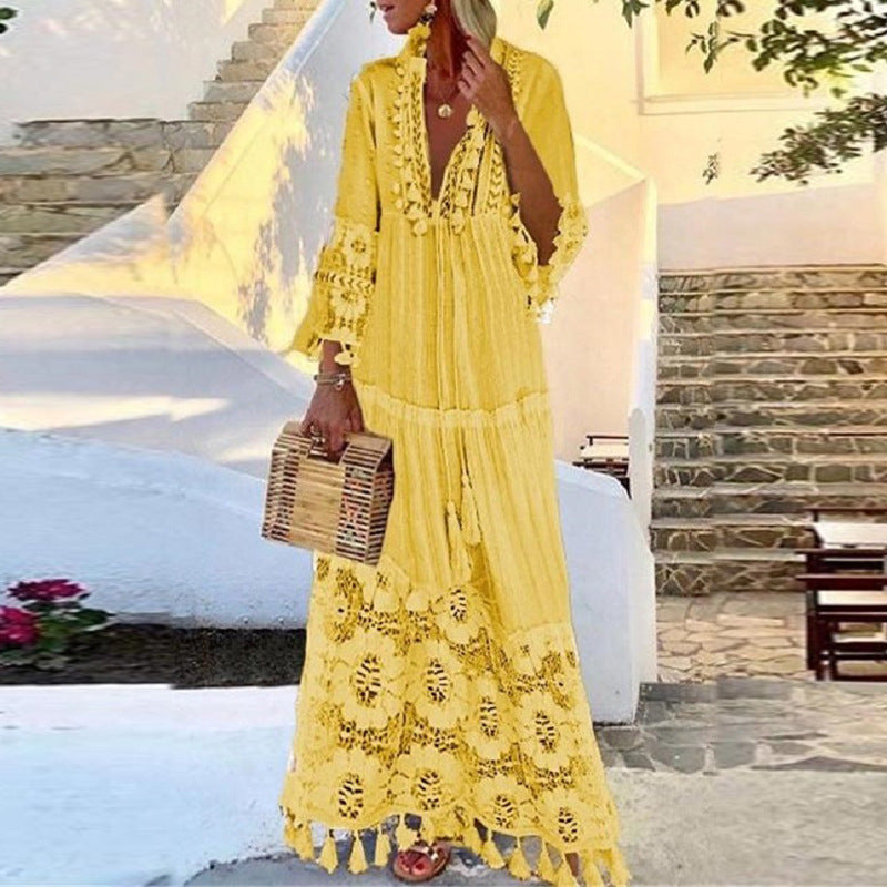 A European and American autumn and winter women's clothing lace splicing fringed bamboo cotton long-sleeved dress