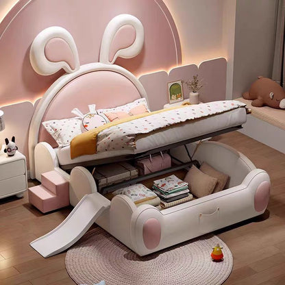 A children's bed girl castle princess bed children's bedroom creative pink cartoon rabbit bed with guardrail storage leather bed