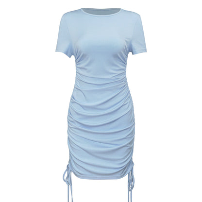 W315DS cross-border 2025 European and American summer new women's clothing sexy tight round neck short sleeve side drawstring dress women - Mixbatch