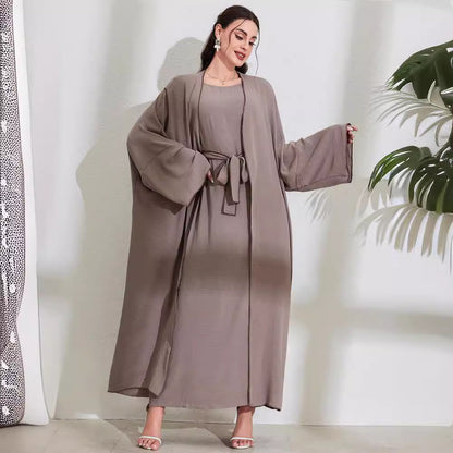 Women's Middle Eastern Muslim Clothing Fashion Elegant Cardigan Dress Belt Robe - Mixbatch