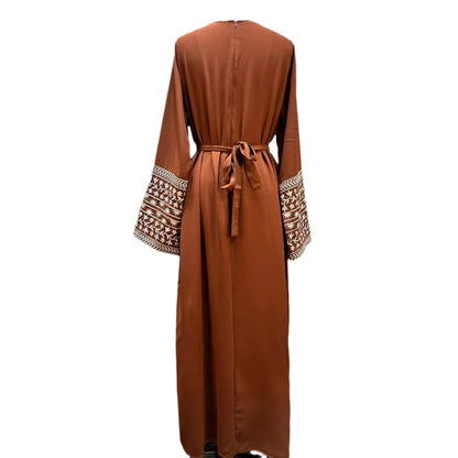 Middle Eastern Muslim Fashion Elegant Cardigan Embroidered Belt Dress Pocket Robe - Mixbatch