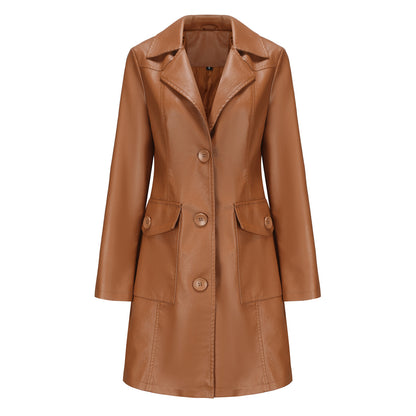 A women's long leather jacket