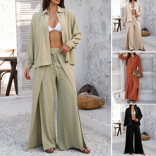 2025 spring and summer cross-border Amazon leisure vacation style solid color shirt wide-leg trousers women's clothing 2-piece set - Mixbatch