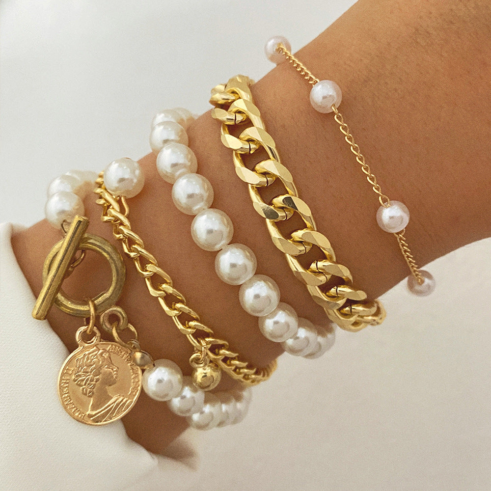 A European and American cross-border new products stack and wear personalized street auction love bracelet four-piece set exaggerated thread chain alloy bracelet women - Mixbatch
