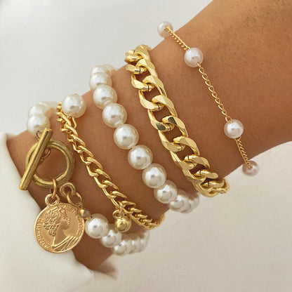 A European and American cross-border new products stack and wear personalized street auction love bracelet four-piece set exaggerated thread chain alloy bracelet women - Mixbatch