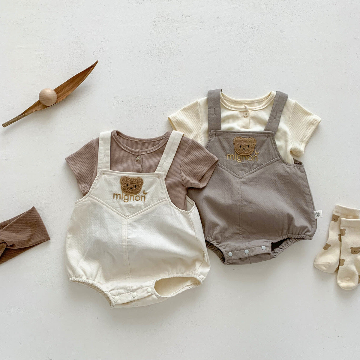 A 2024ins New Baby Bear Sweetheart Backband Pants Set Solid Color Short sleeved T-shirt Fashionable Boys and Girls Children's Clothing - Mixbatch