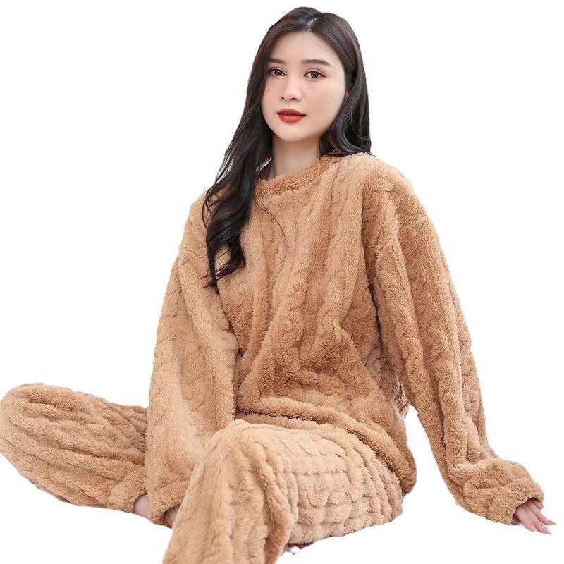 A Strictly selected coral fleece pajamas women's autumn and winter jacquard comfortable cotton fleece thickened loungewear two-piece set loose warm suit - Mixbatch