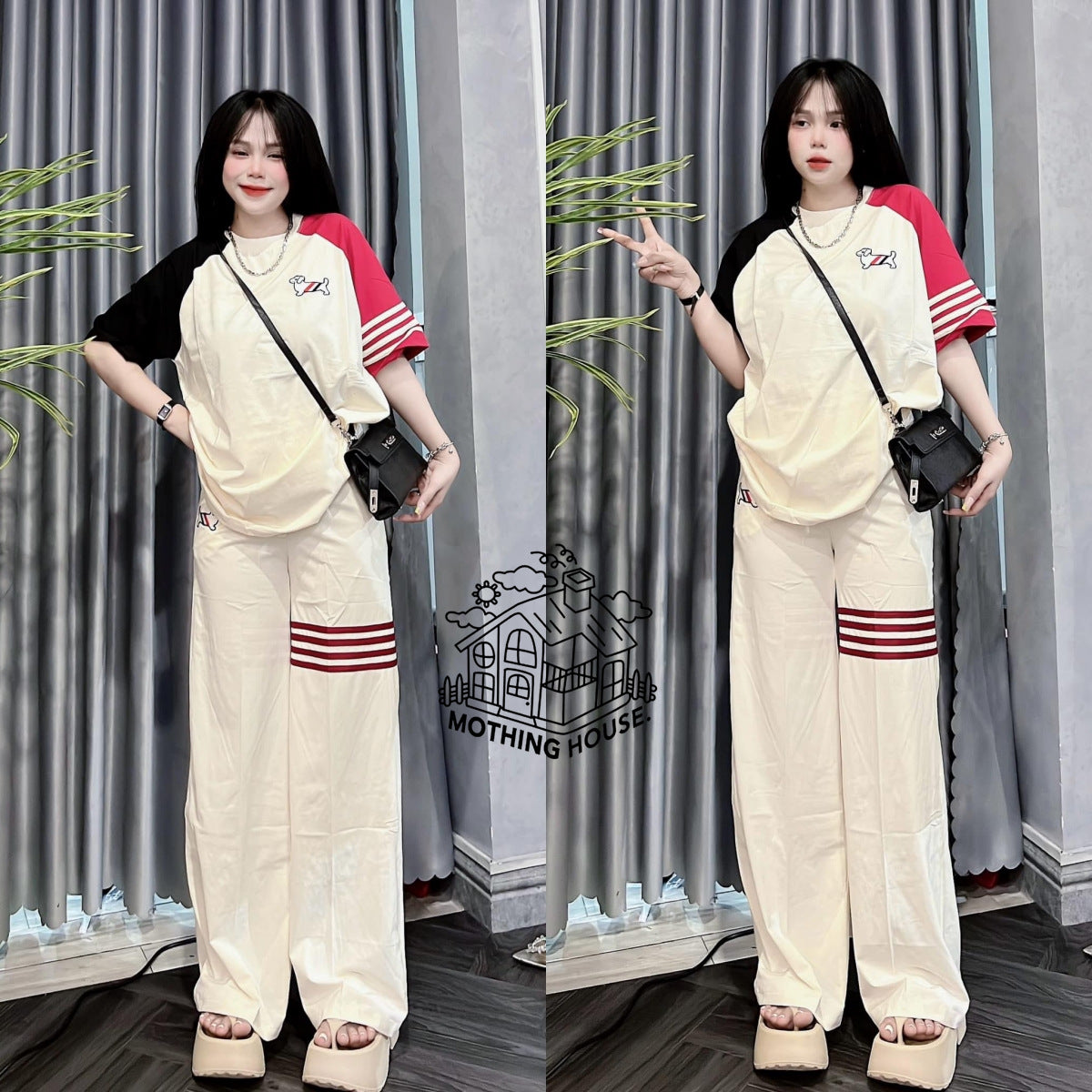 A Female Summer Loose Puppy Printed Short Sleeve Striped Wide Leg Pants Two-piece Casual