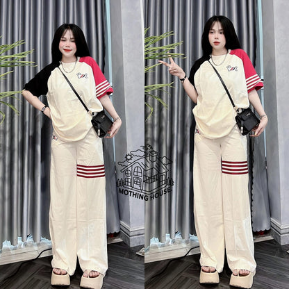 A Female Summer Loose Puppy Printed Short Sleeve Striped Wide Leg Pants Two-piece Casual