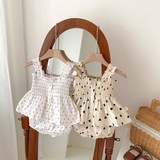 A girl's summer thin cherry heart printed suspender set baby girl doll shirt for outdoor wear - Mixbatch
