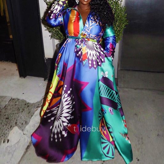 A European and American printed contrasting color dress, big swing dress, belt.