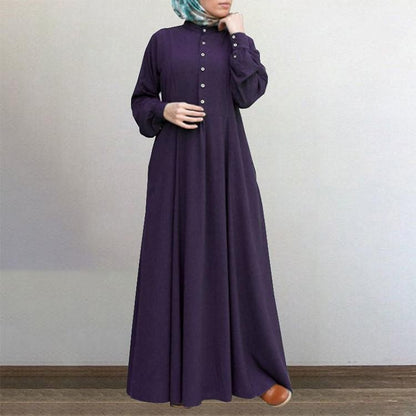 Europe, America, Central and Southeast Asia Autumn and Winter Casual National Style Retro Cardigan Crew Neck Pendulum Dress Muslim Women's Clothing - Mixbatch